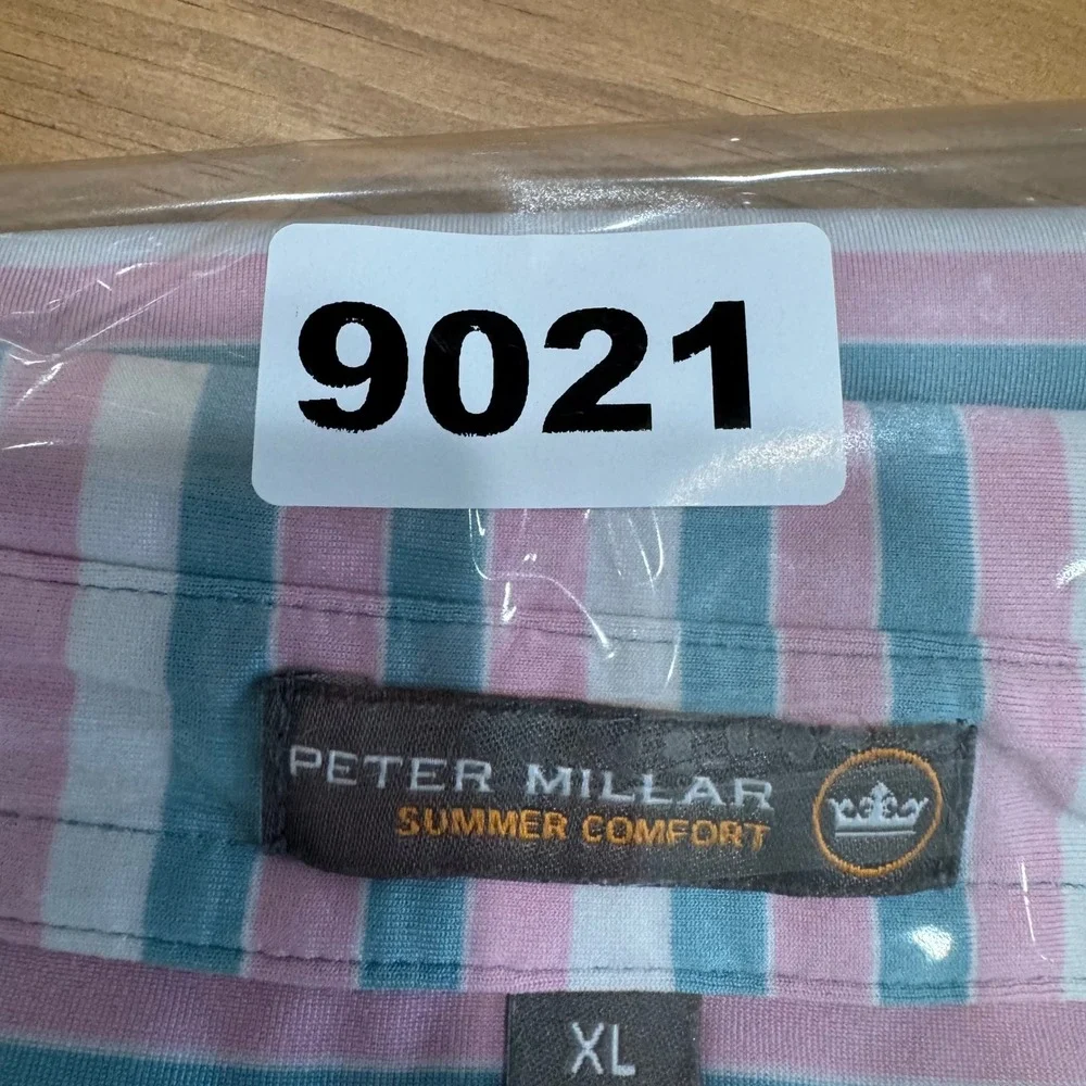 Peter Millar Summer Comfort Men size XL‎ Polo Shirt Pink Blue White Striped Golf